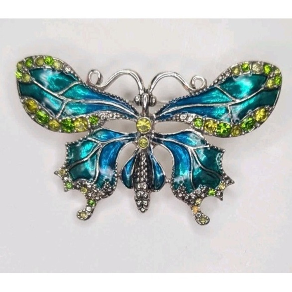 Vintage Monet Teal Green Enamel Butterfly Brooch Pin Silver Tone Rhinestone